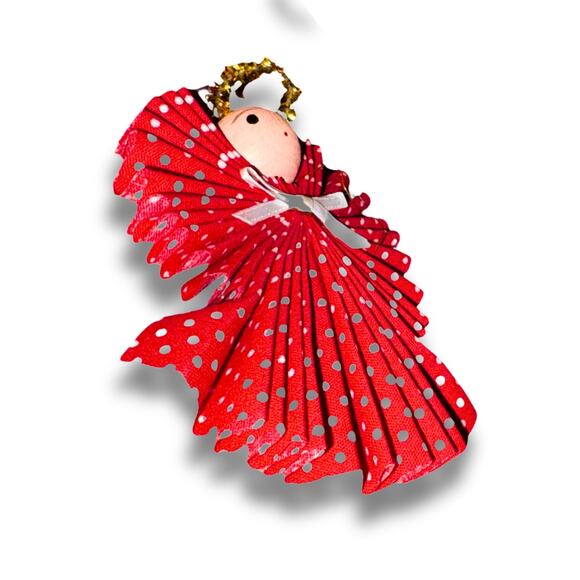 Vintage Red Polka Dot Angel Ornaments – Set of 8 Handmade Angels - Picture 6 of 9